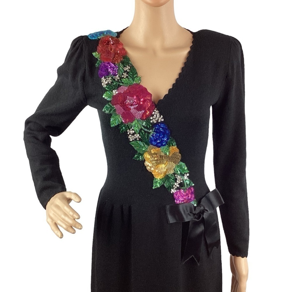 Vintage 80s Don Sayres for Wellmore Beaded Floral Mob Wife Dress Black 6